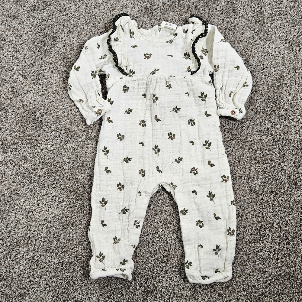 City Mouse Muslin Long Flutter Romper Olive Tree Baby 12-18 Months 100% Cotton